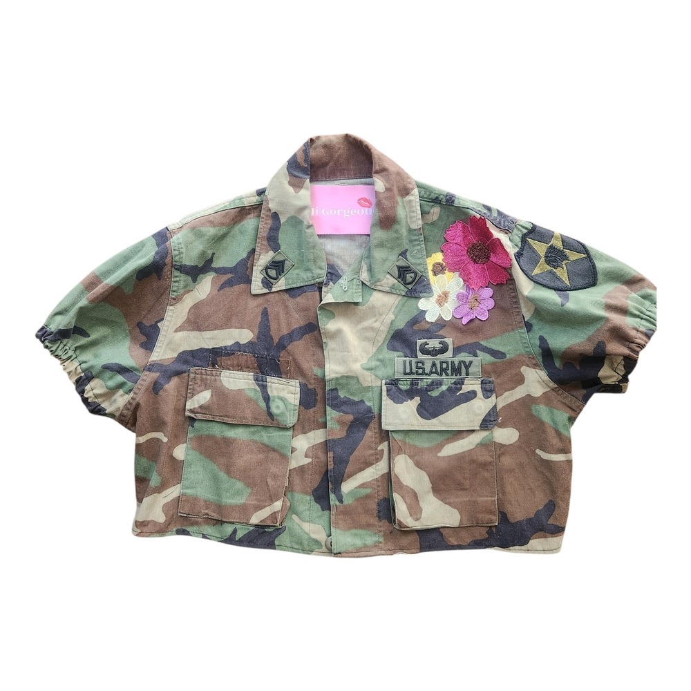 One-of-a-Kind Upcycled Camo Jacket with Hand- Applied Floral Lace Back - Size M